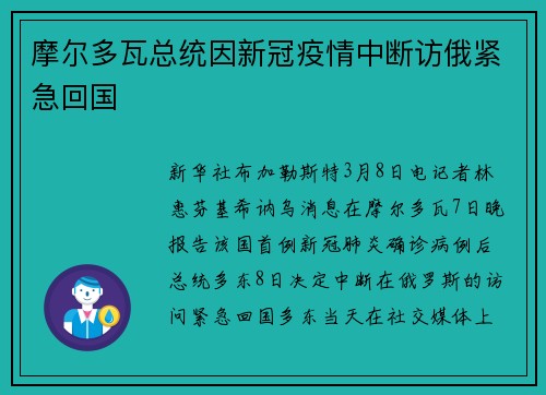 摩尔多瓦总统因新冠疫情中断访俄紧急回国